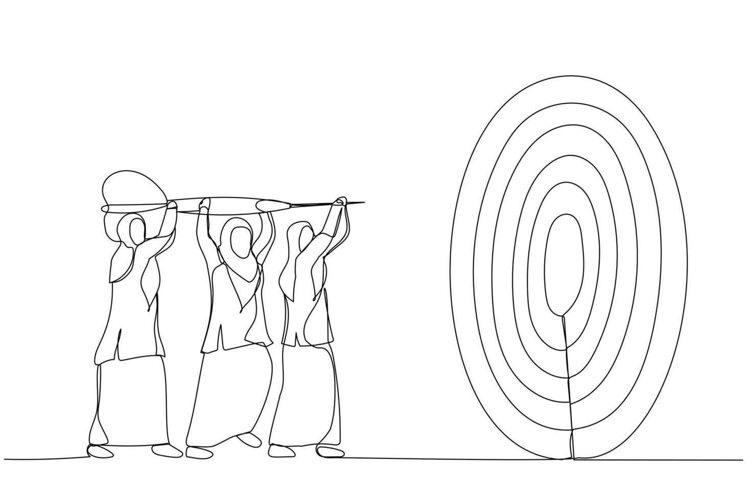Illustration of businesswoman help holding dart aiming on bullseye target. Metaphor for team goal, teamwork collaboration. Single continuous line art style vector
