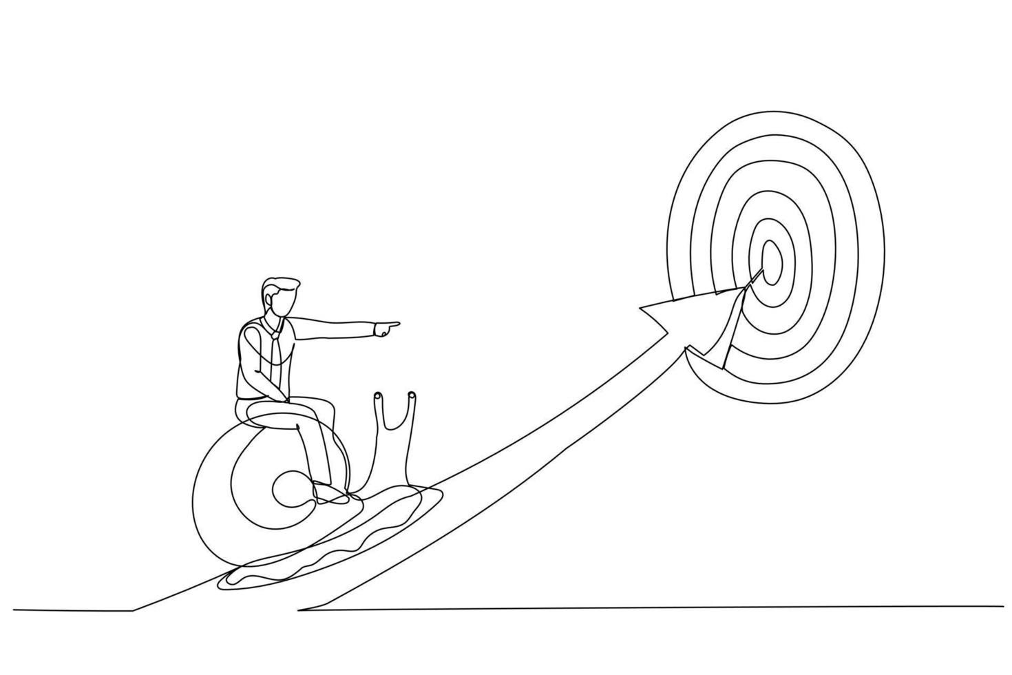 Illustration of tried businessman riding snail slow walking on arrow to reach target. Metaphor for slow business progress, laziness or procrastination. One line art style vector