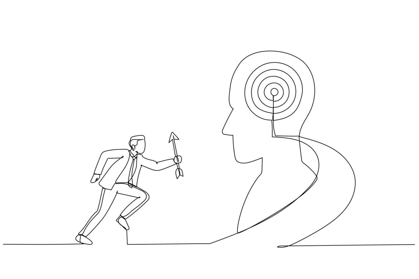ilustración de un hombre de negocios sosteniendo una flecha corriendo por la escalera hacia el objetivo en la cabeza humana. metáfora de crecimiento, éxito, objetivo, posicionamiento. arte de estilo de una línea vector