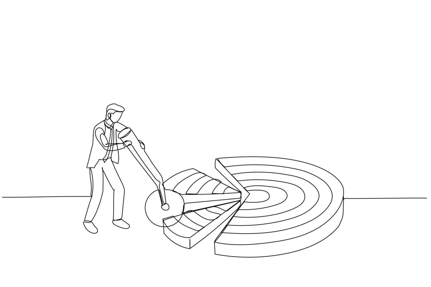 Cartoon of businessman break down dartboard target into chunks. Metaphor for break down big goal into small achievable goals. Continuous line art style vector