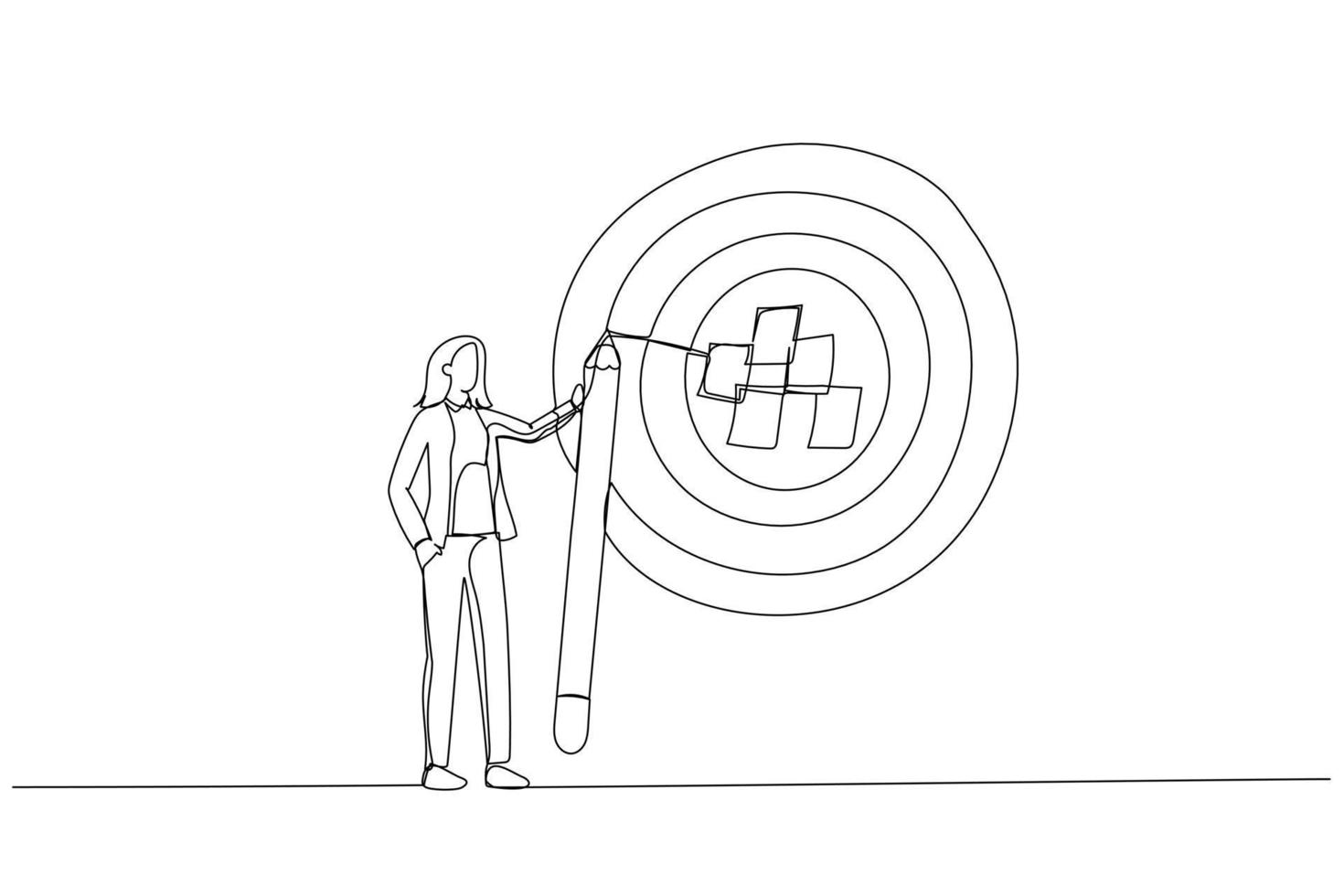 Cartoon of businesswoman write down goal on notes and put on big dartboard target. Metaphor for goal setting, achievable target or purposeful objective. One line art style vector