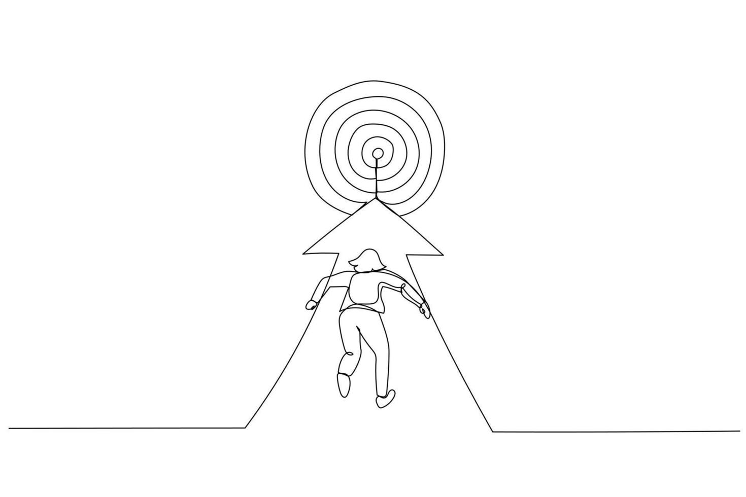 Illustration of businesswoman running to the target. Metaphor for reaching the target. Single continuous line art vector