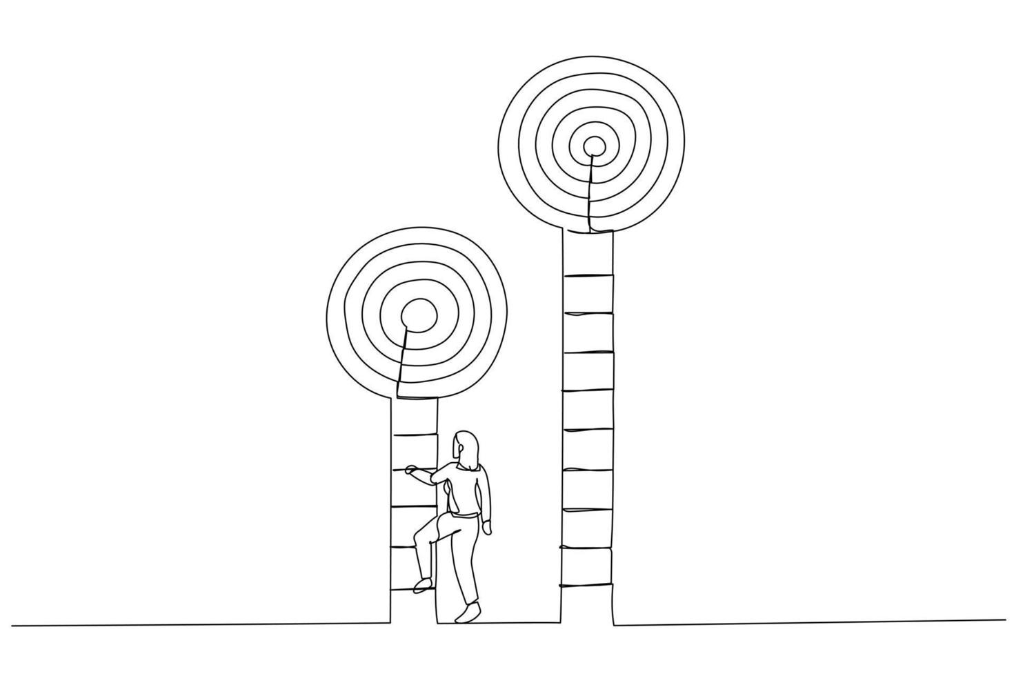 Drawing of smart businesswoman about to climb up ladder to achieve short term goal. Metaphor for focus on short term goal to achieve long term success. Continuous line art style vector