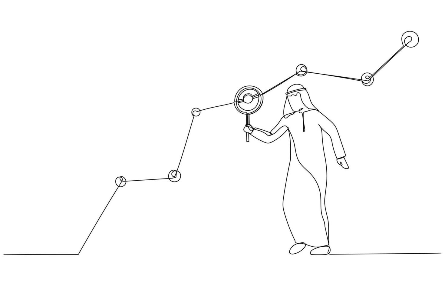 Drawing of arab businessman marketer holding magnifying glass analyze customer data graph and chart. Continuous line art vector