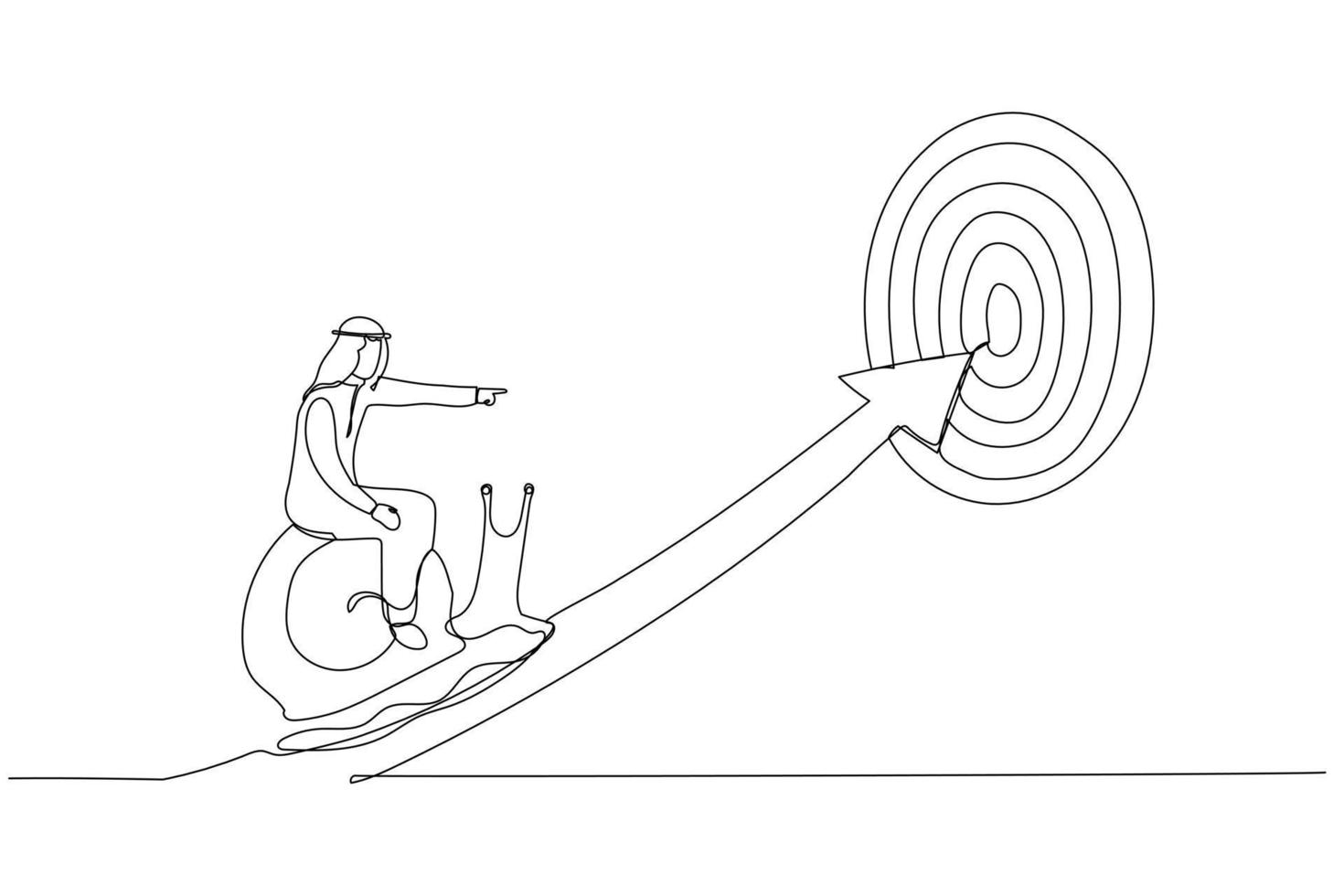 Illustration of tried arab businessman riding snail slow walking on arrow to reach target. Metaphor for slow business progress, laziness or procrastination. Single continuous line art vector