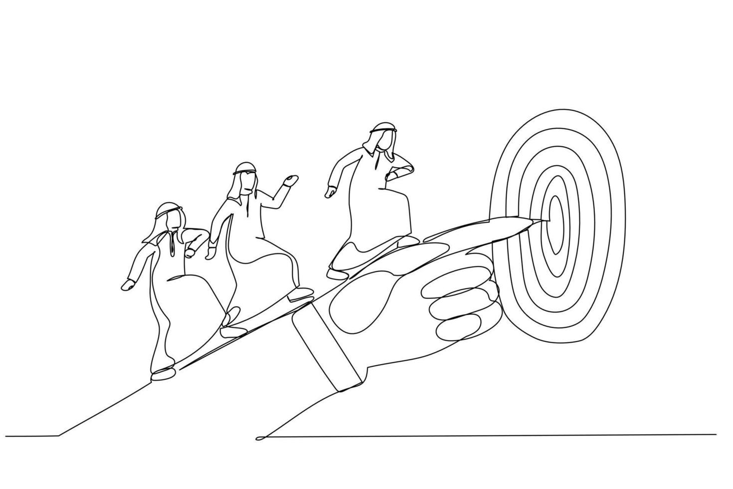 Drawing of arab businessman hand pointing to the target. Single continuous line art vector