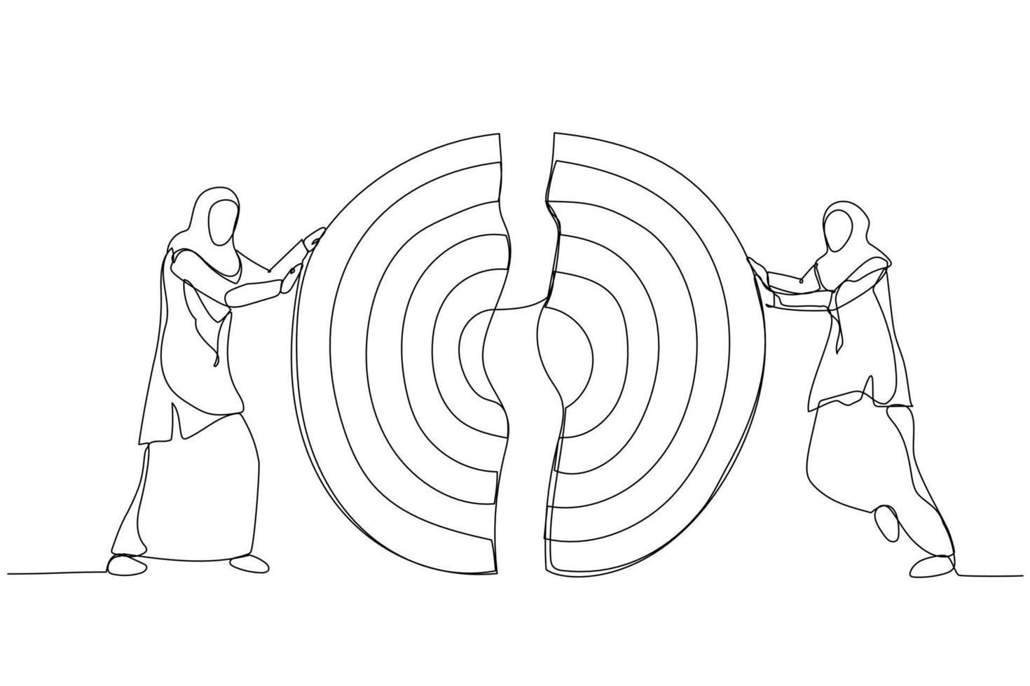 Drawing of muslim businesswomen pushing a pieces of big target together. Metaphor for business teamwork. Continuous line art vector