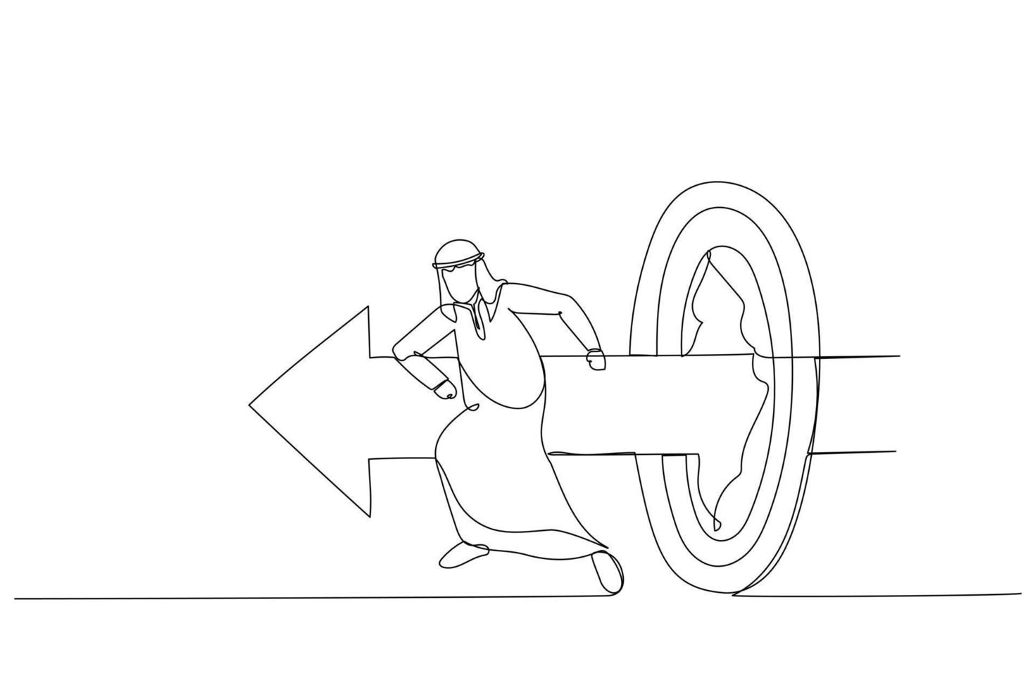 Drawing of arab businessman like superhero running and breaking target archery. Metaphor of success goal and success. Continuous line art style vector