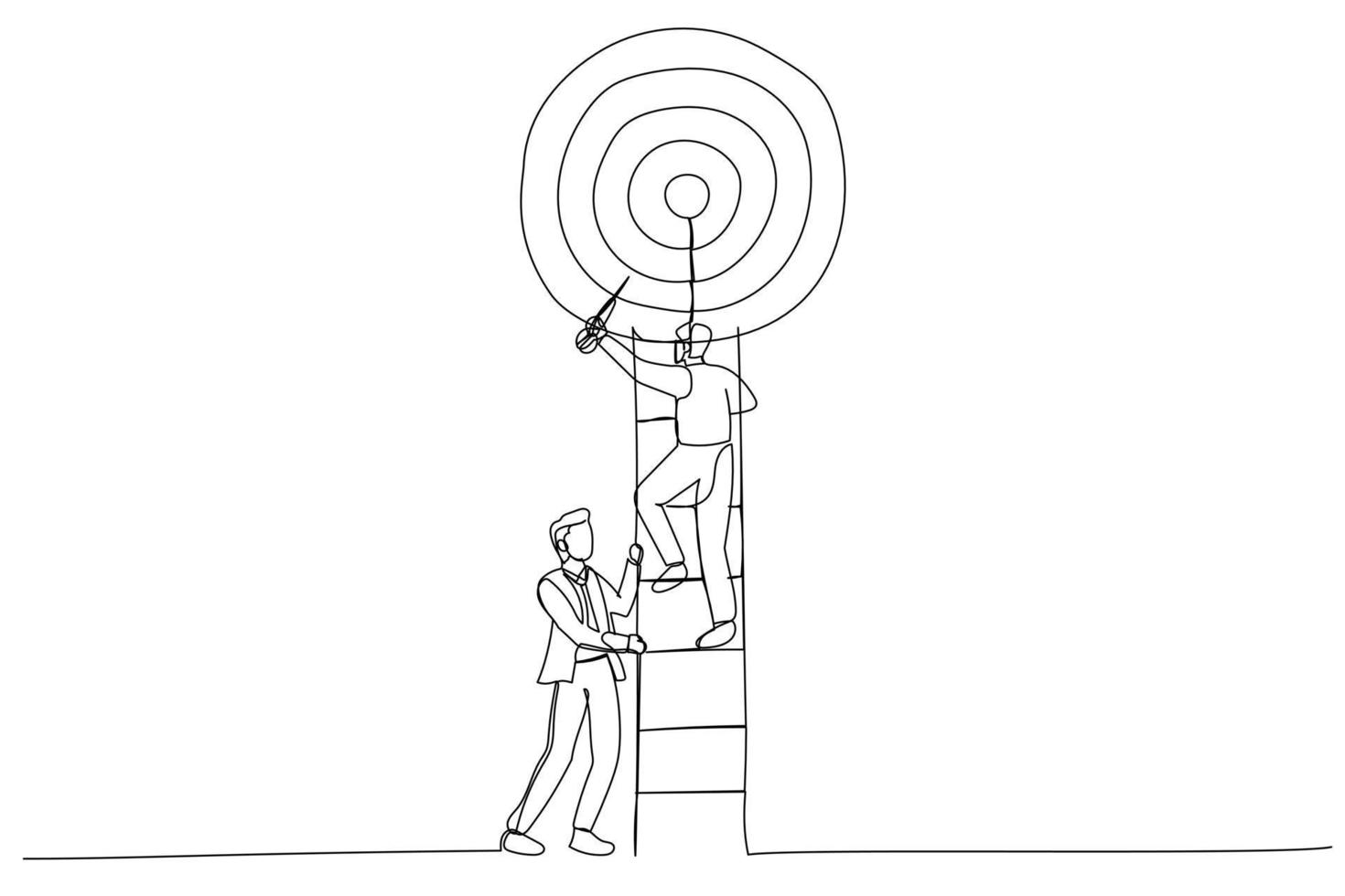 Illustration of businessman climbs a ladder in target. Metaphor for teamwork. One line art style vector