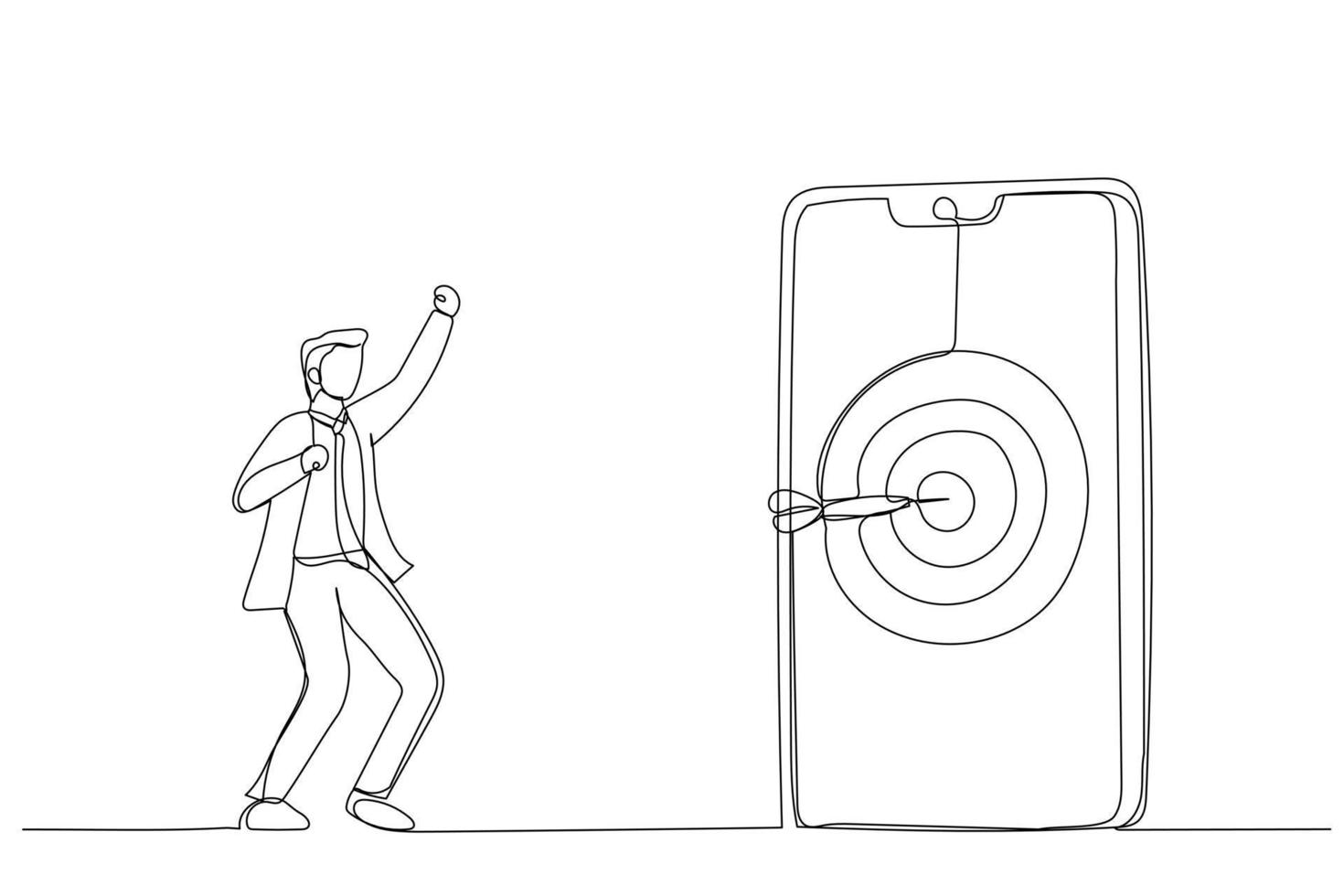 Cartoon of businessman hit target on mobile with arrow. Single continuous line art style vector