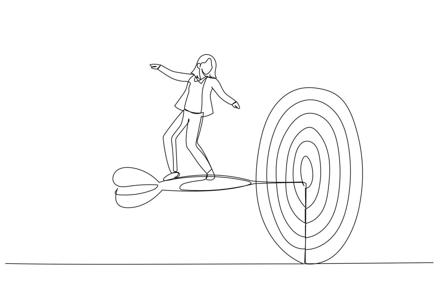 Cartoon of businesswoman with briefcase standing on dart to achieve business goal. Metaphor for solution, achievement, mission, and direction. One line style art vector