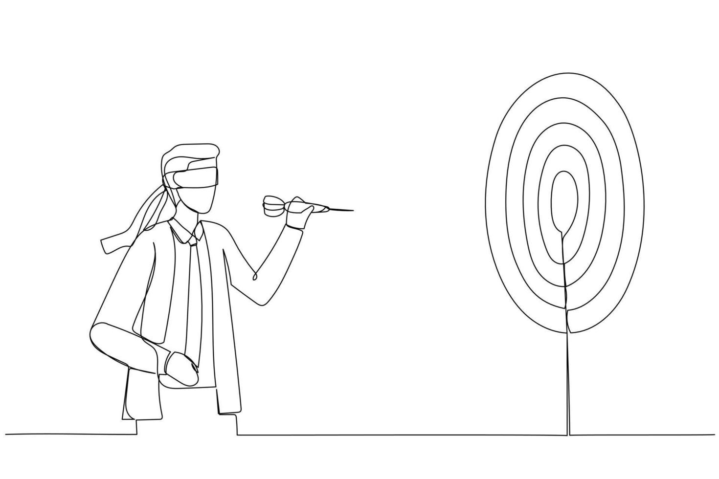 Cartoon of confused businessman blindfold throwing dart. Metaphor for unclear target or blind business vision, leadership failure. Single continuous line art style vector