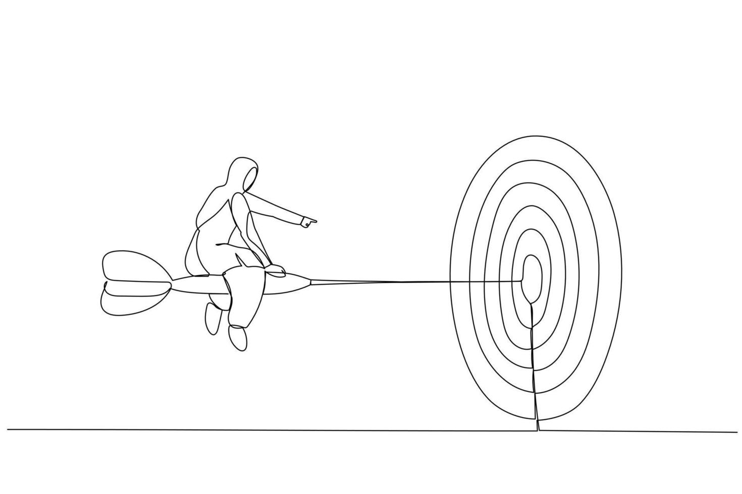 Illustration of confidence businesswoman riding dart aiming for target. Metaphor for target, goal, and strategy. Single continuous line art style vector