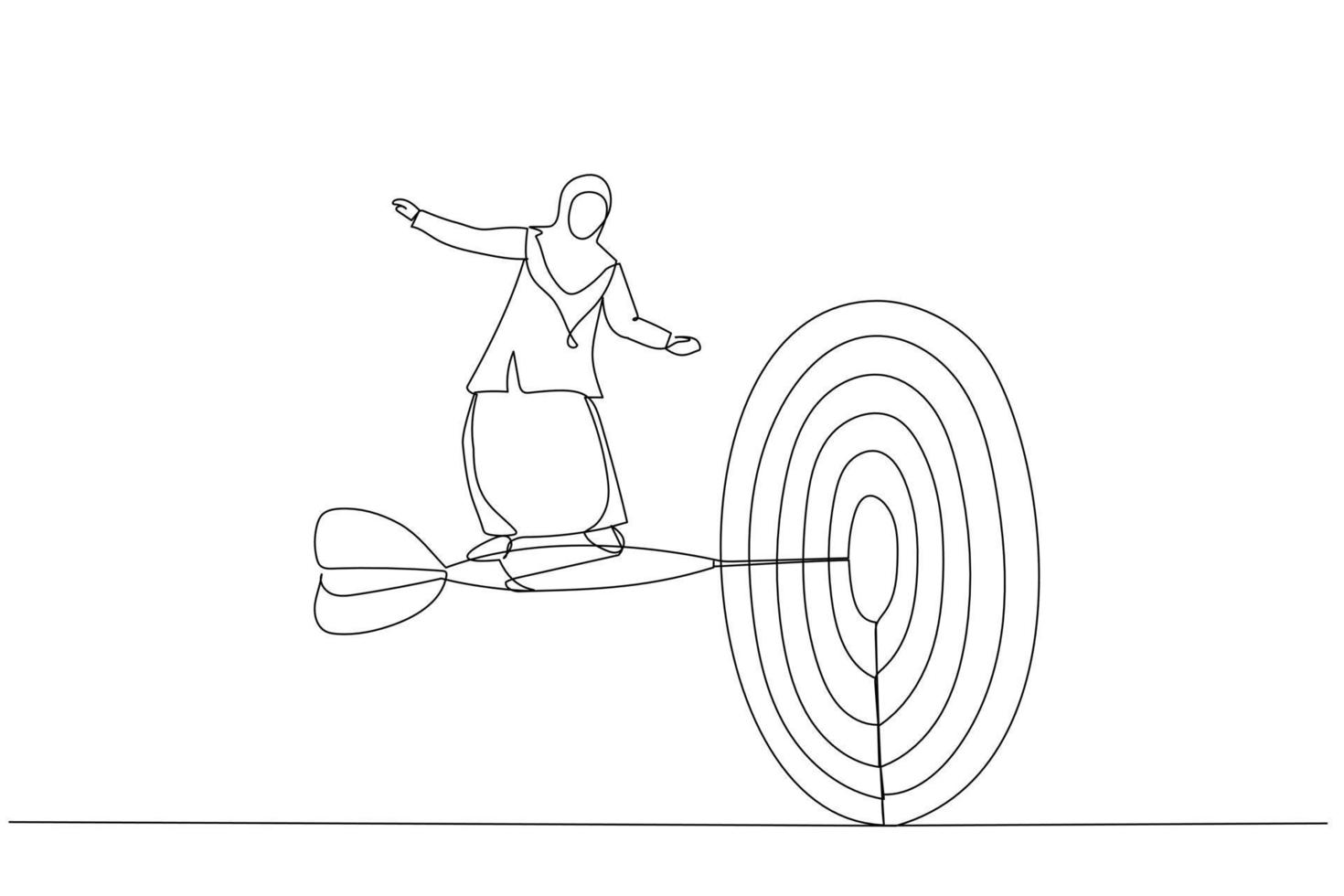 Cartoon of businesswoman with briefcase standing on dart to achieve business goal. Metaphor for solution, achievement, mission, and direction. Single line art style vector