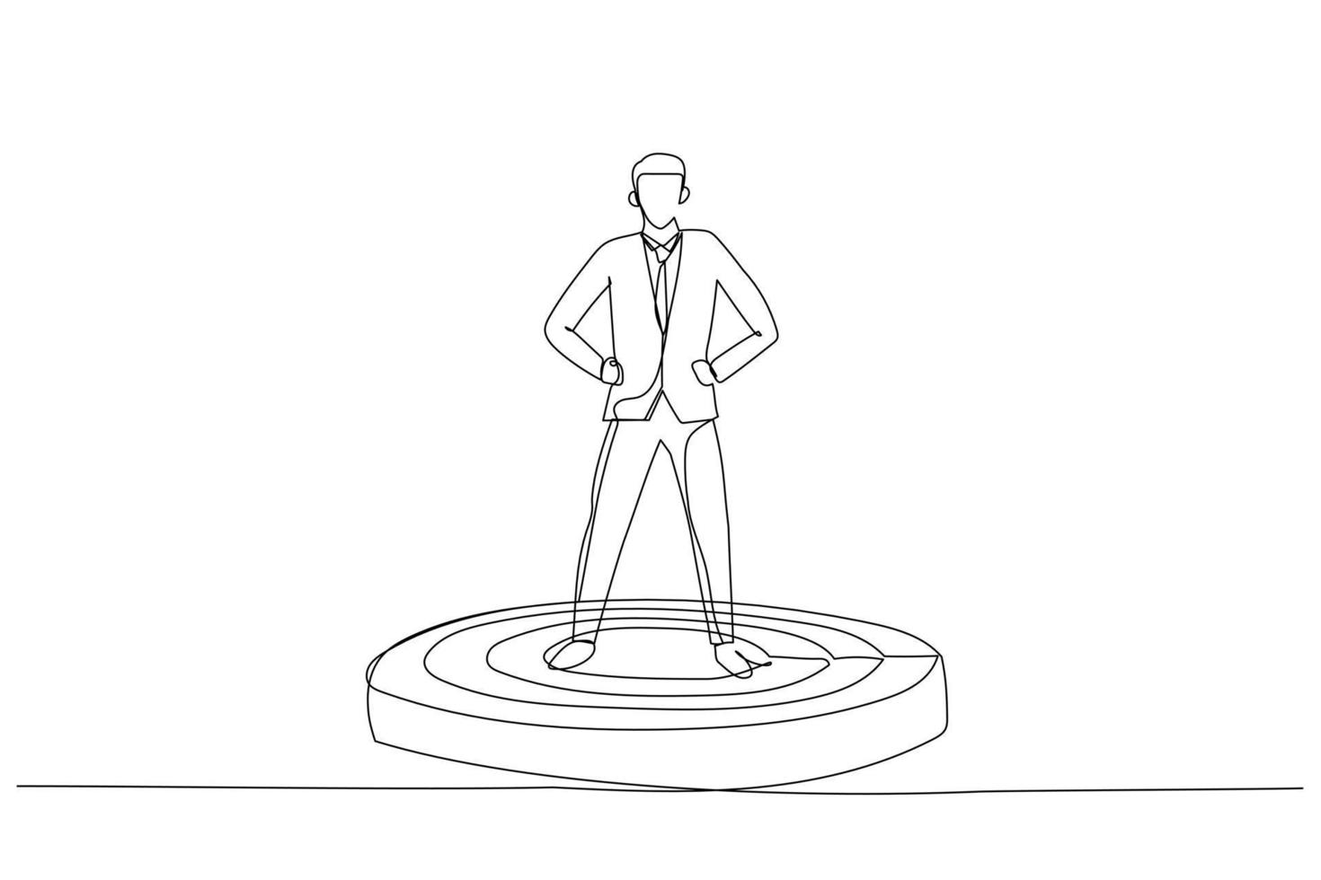 Cartoon of businessman superhero leader on podium, standing proud and strong. Metaphor for business management and boss. Single continuous line art style vector