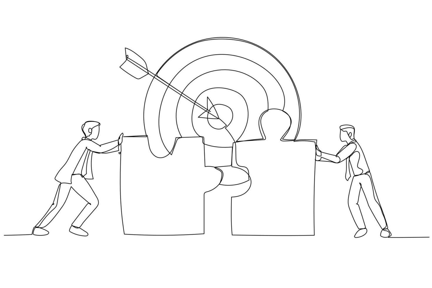 Drawing of businessmen connecting puzzle elements. Metaphor for teamwork success target achievement. Single line art style vector