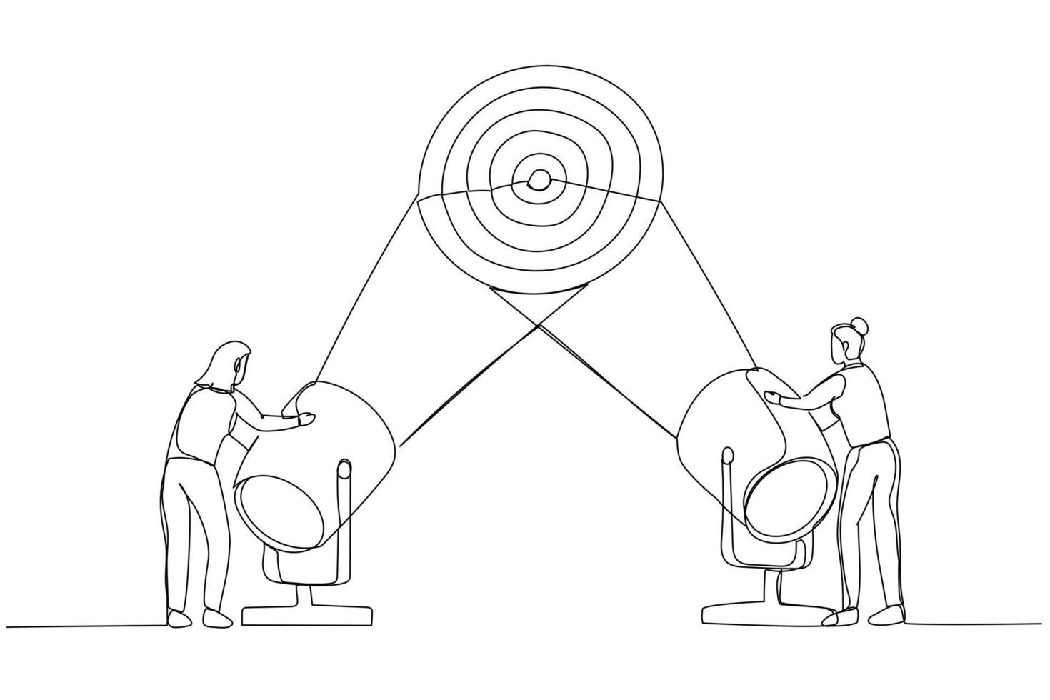 Drawing of businesswoman with team brainstorming success to target. Single continuous line art style vector
