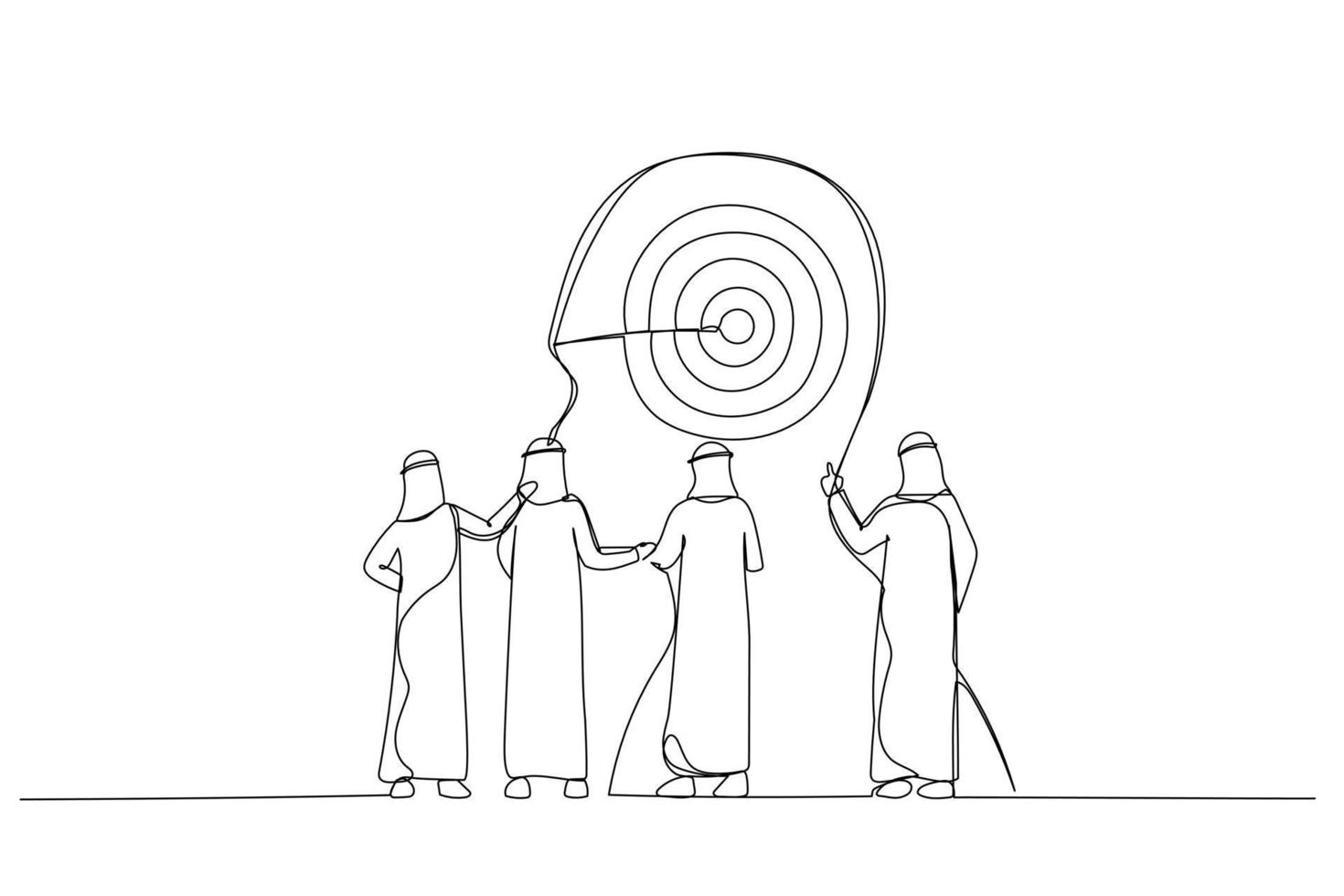 dibujo del cliente objetivo del hombre de negocios árabe y desarrollar la estrategia de marketing. metáfora para el análisis de datos. arte de línea continua vector