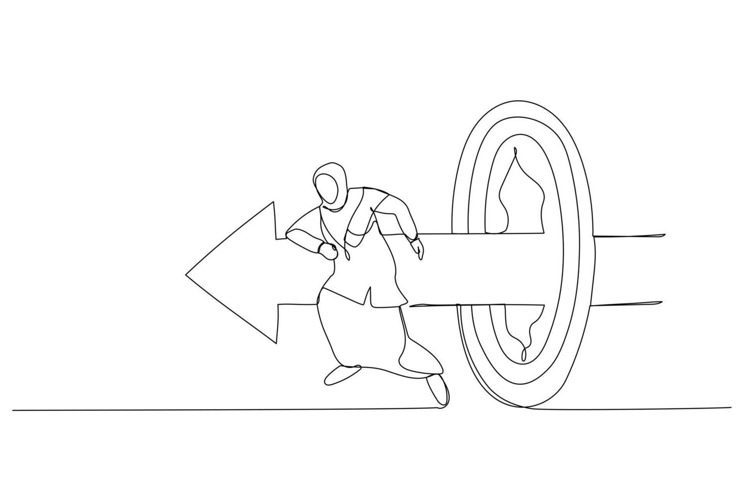 Illustration of muslim businesswoman like superhero running and breaking target archery. Metaphor of success goal and success. Single line art style vector