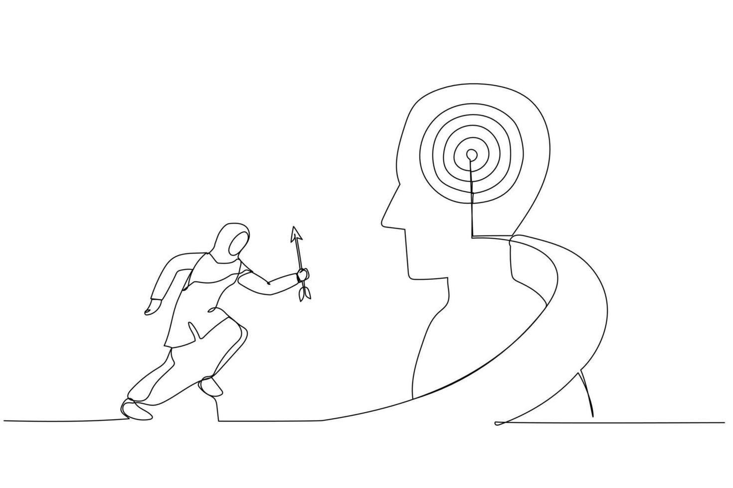 Cartoon of muslim businesswoman hold arrow running up stairway to the target on human head. Metaphor for growth, success, target, positioning. One line art style vector