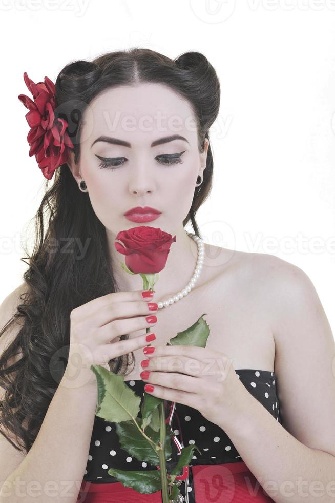 young woman with rose flower isolated on white photo