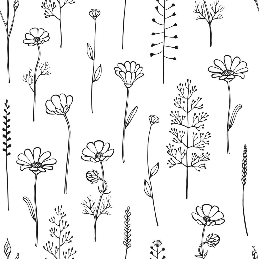 Seamless pattern with wild flowers. Hand drawn floral elements. Vector illustration.
