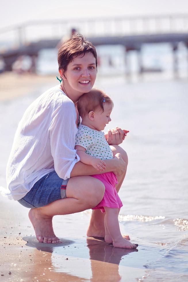 mom and baby on beach  have fun photo