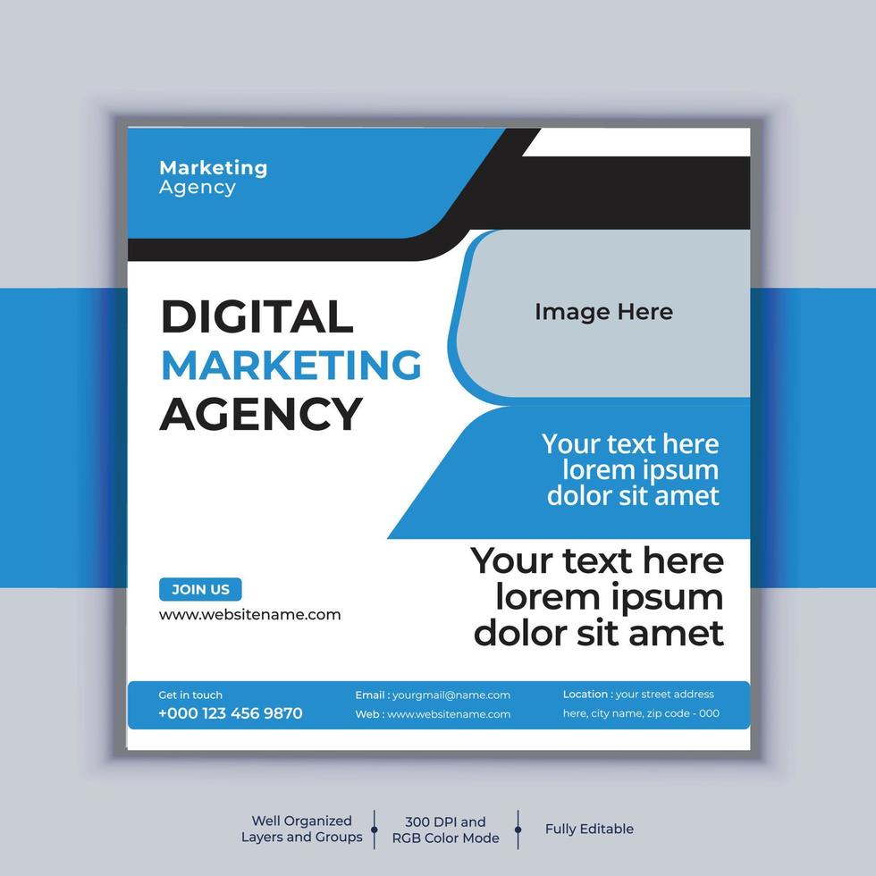 Digital Marketing Agency Corporate Social Media Post Banner Design, Modern Layout Vector Template, Professional Business Square Banner Design