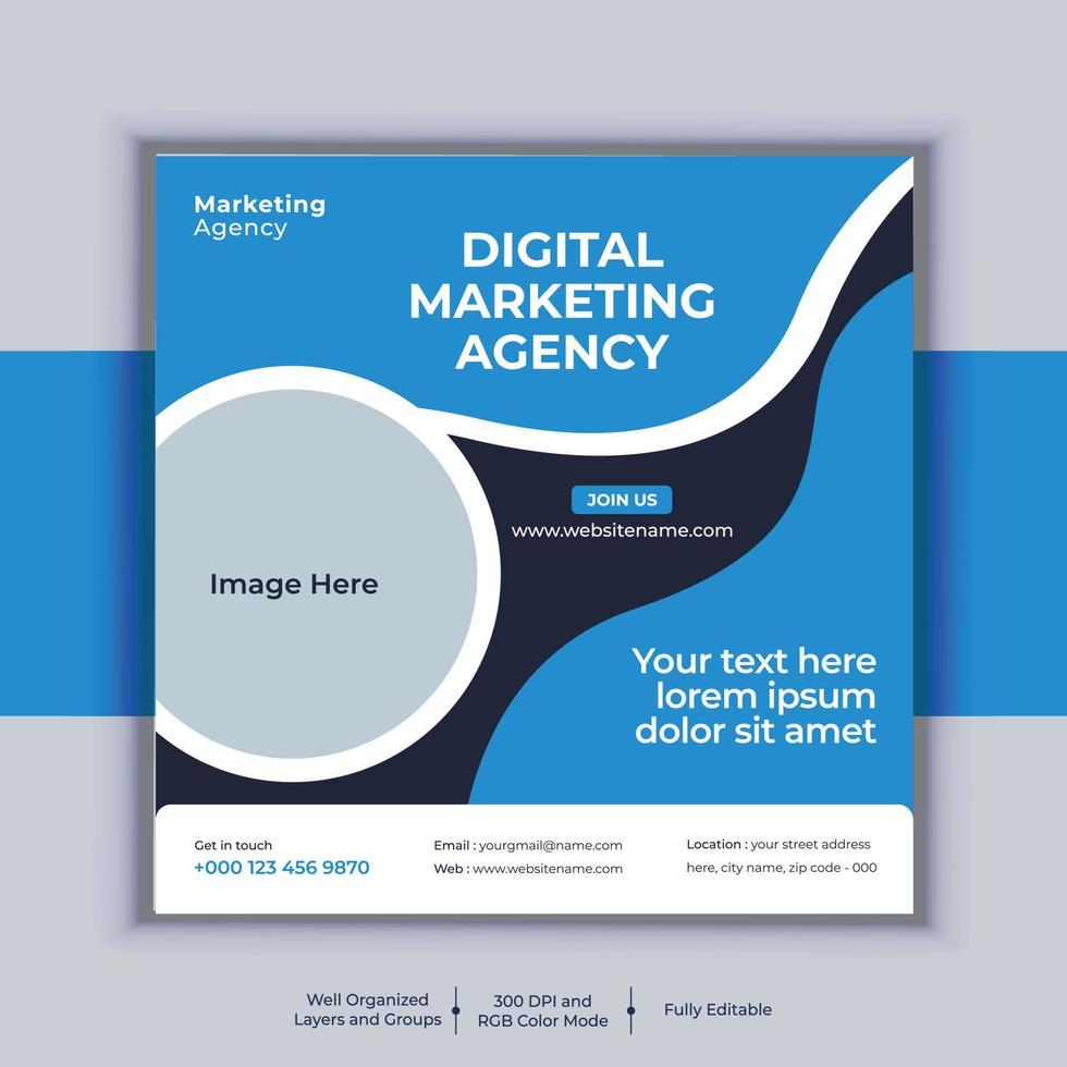 Digital Marketing Agency Corporate Social Media Post Banner Design, Modern Layout Vector Template, Professional Business Square Banner Design