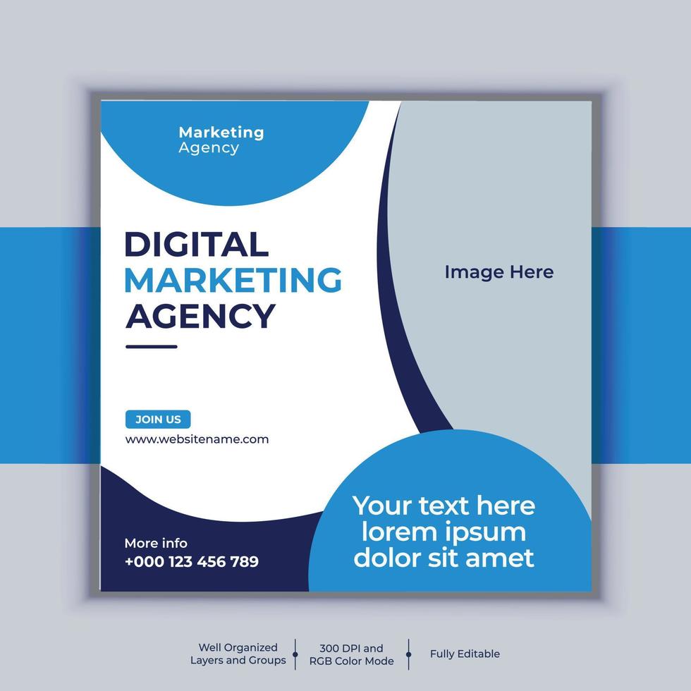 Digital Marketing Agency Corporate Social Media Post Banner Design, Modern Layout Vector Template, Professional Business Square Banner Design
