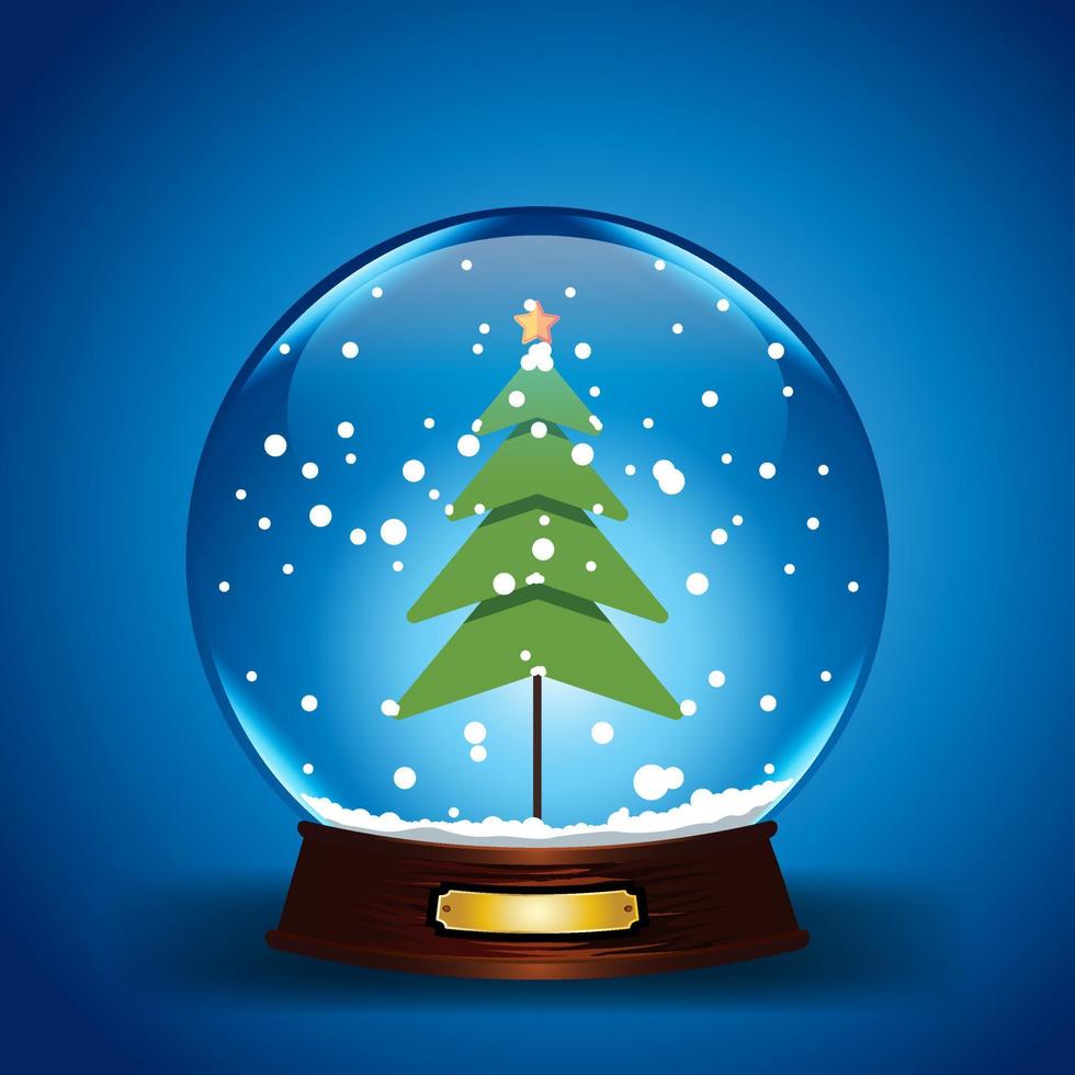 Crystal ball, snowball with snowy Christmas tree, spruce inside, falling snow, realistic holiday decoration, vector illustration