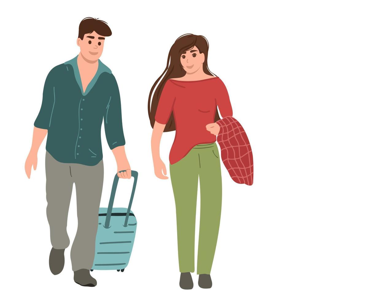 A young man and woman or a married couple are walking with a suitcase or luggage isolated on a white background. Travel concept. Vector illustration