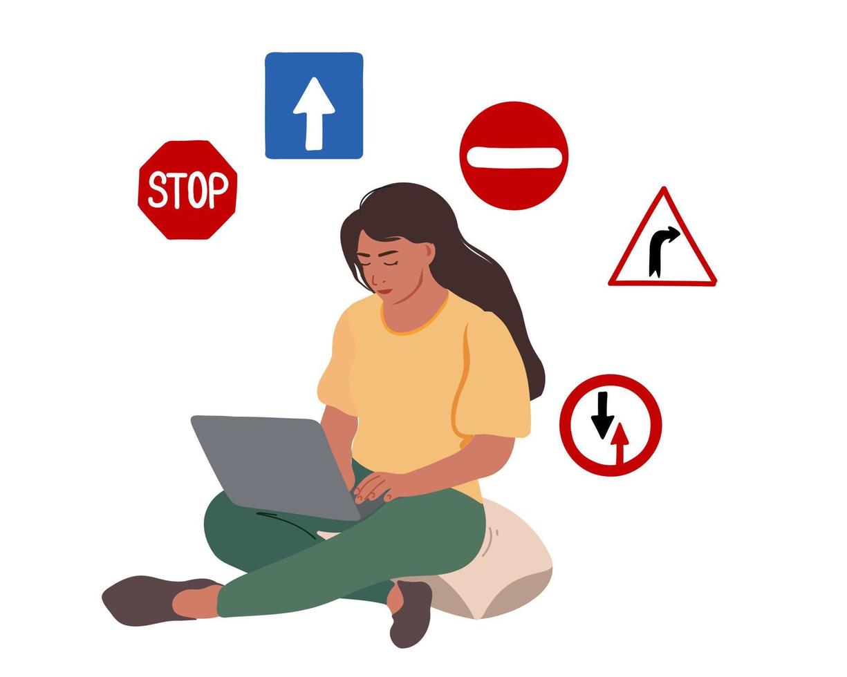 A woman is studying the rules of the road. Searches or selects an answer to an online test question. Remote driving test. Driving school education. Stages of training in a driving school. vector