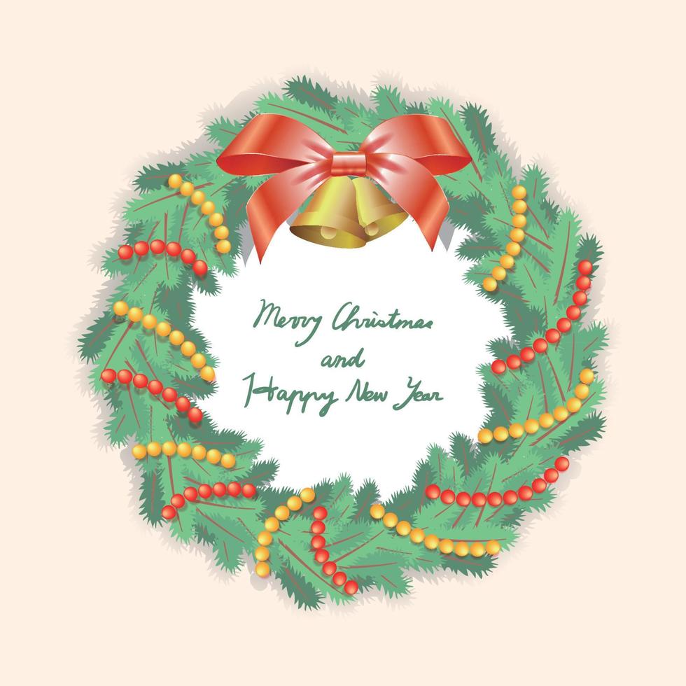 Single Christmas wreath on light background with bells and bows, strings of beads vector