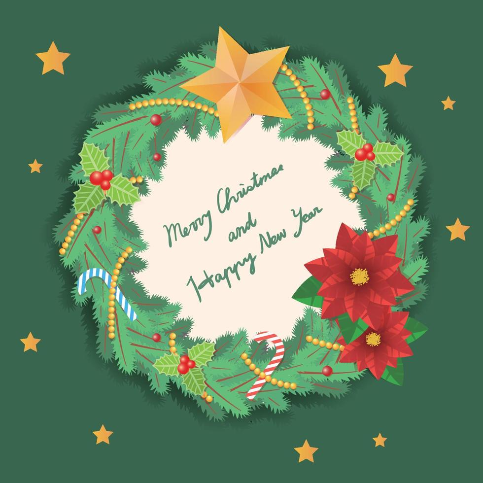 Single Christmas wreath on dark background with stars, candy canes and Christmas red vector