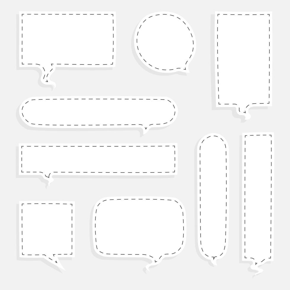 collection set of blank black and white dashed line hand drawn speech bubble balloon, think speak talk whisper text box, flat vector illustration design isolated