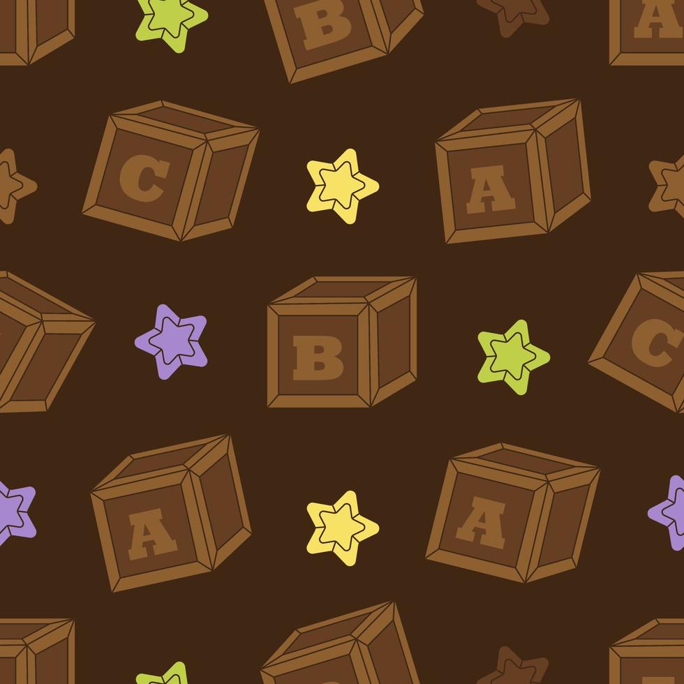 Pattern of wooden vintage toys for kids. Children alphabet cubes with A,B,C letters and stars. Educational nursery tools. Childhood, children games, preschool activities. Toy workshop. vector