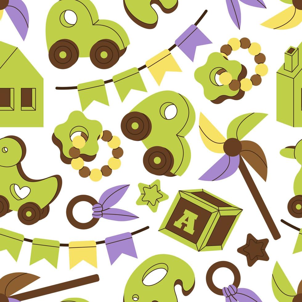 Pattern of wooden vintage toys for kids. Children car, duck, beanbag, elephant, toy cubes, house, flags. Educational nursery tools. Childhood, games, preschool activities. Toy workshop. vector