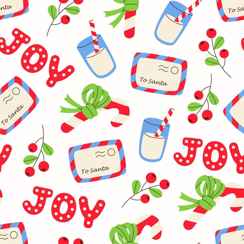 Pattern of candy cane with bow, joy text, milk, envelope to santa. Holiday festive decoration. Hygge, cozy xmas household. Merry Christmas and Happy New Year 2023. Greeting card, banner, web vector