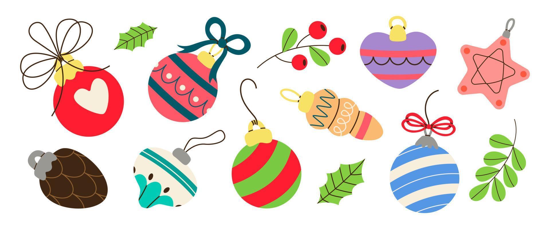 Set of Christmas festive balls, bubblers, cone, bow. Christmas and Happy New Year decorations. Winter tree toys, glass balls, leaves, berries and twigs. Xmas holiday. Hygge, cozy xmas household. vector