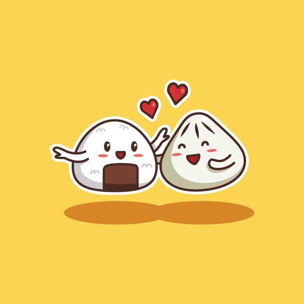 Steamed bun and Onigiri Cute Character Love Couple - vector illustration