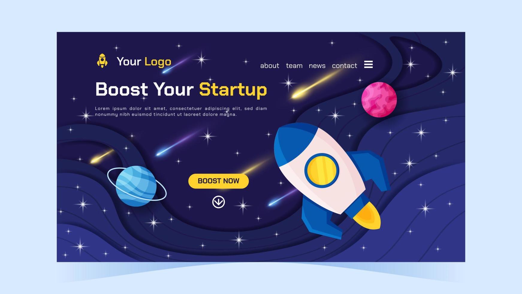 Startup Business Landing Page With Galaxy and Rocket Concept vector