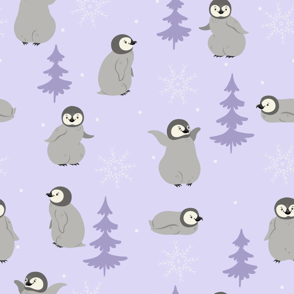 Seamless pattern with penguins and snowflakes. Vector graphics.