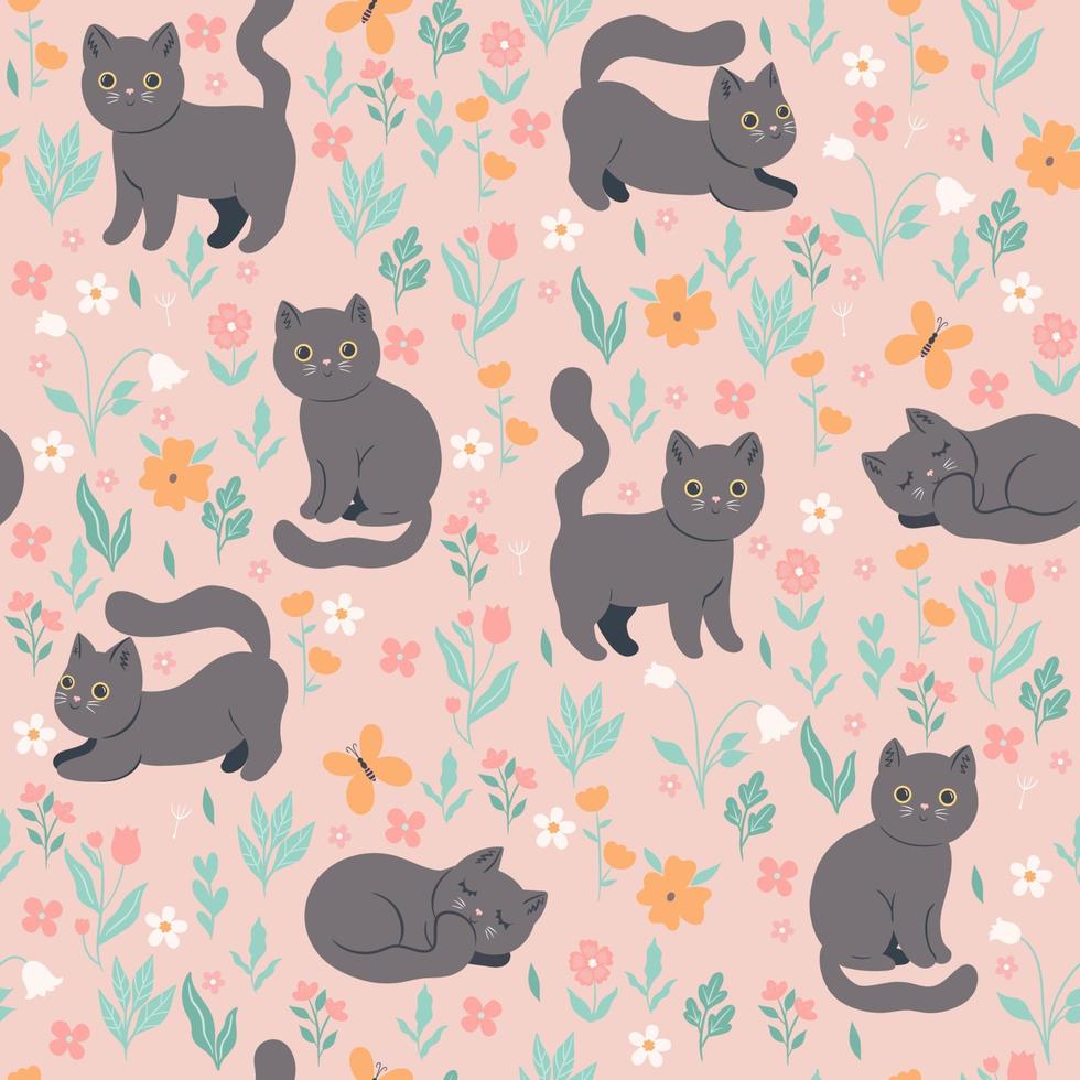 Seamless pattern with cute cats and flowers. Vector graphics.