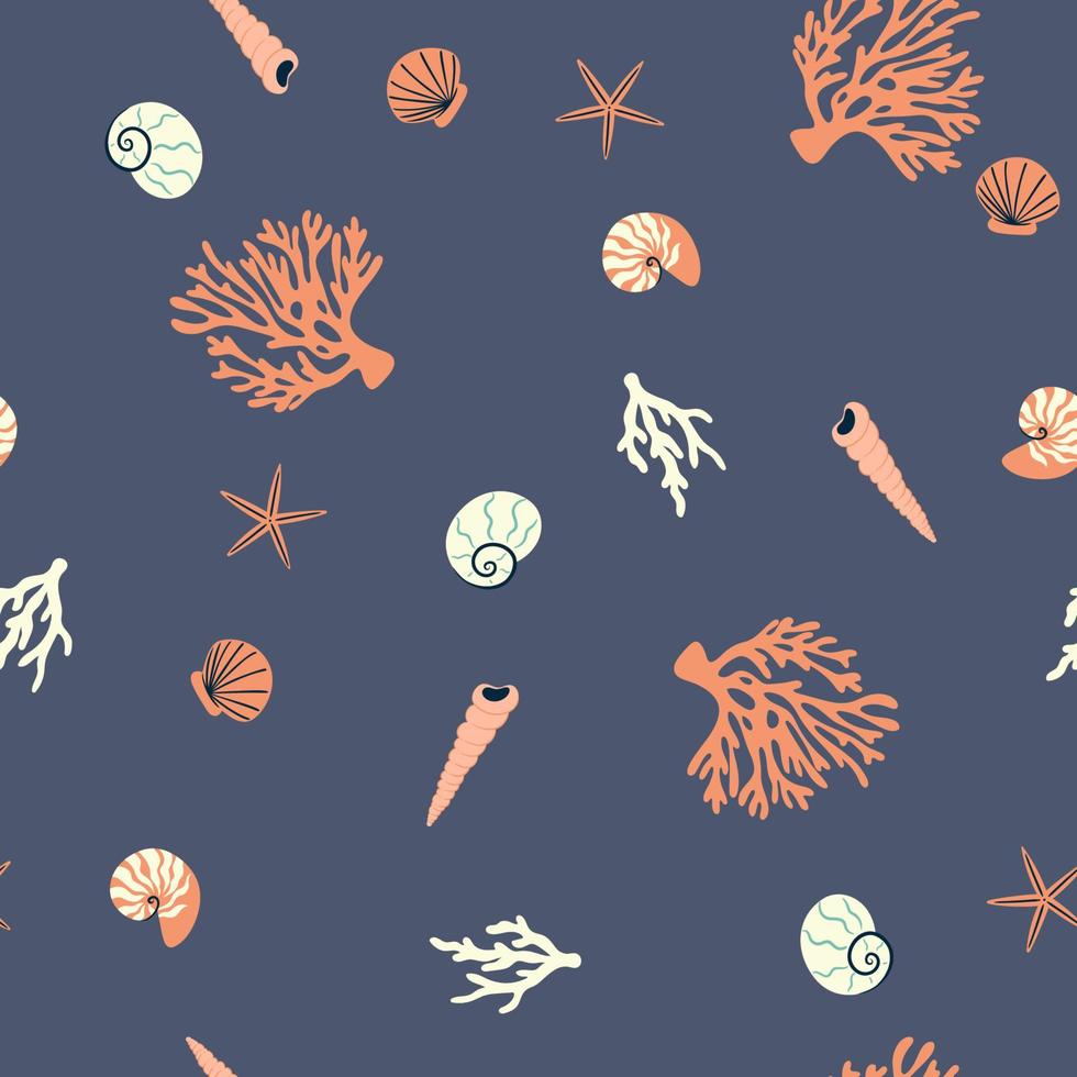 patrón impecable con conchas marinas, corales y estrellas de mar. gráficos vectoriales vector