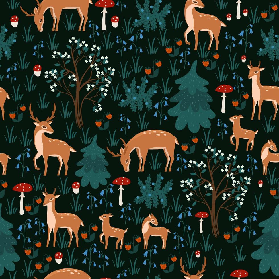 Seamless pattern with deers in the forest. Vector graphics.