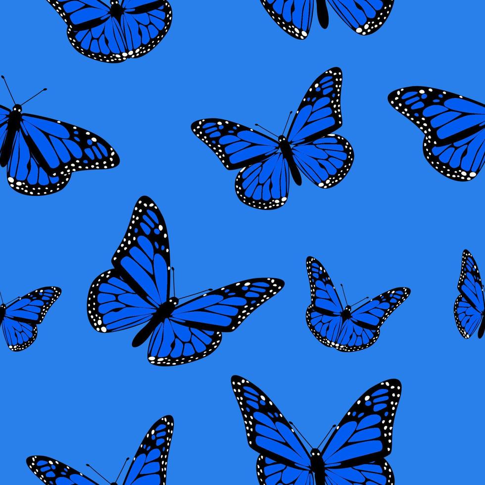 Seamless pattern of blue butterflies on a blue background vector image ...