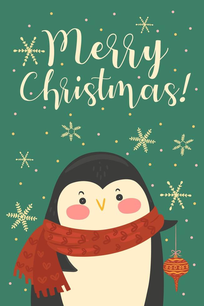 Postcard with cute Christmas penguin. Vector graphics.