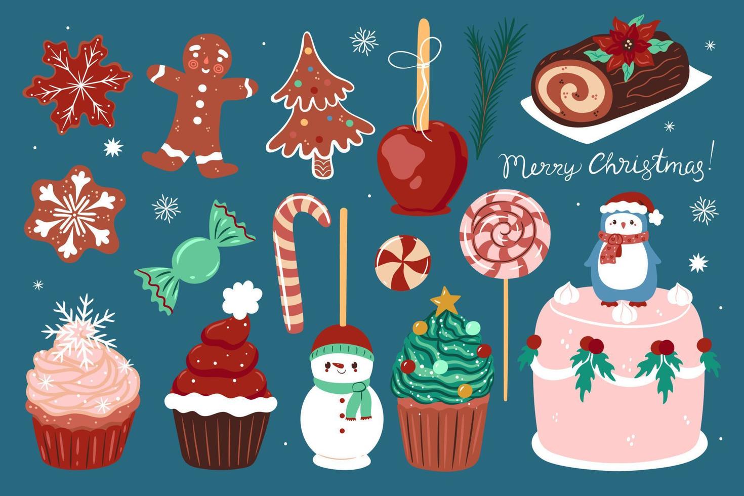 Collection of cute Christmas sweets. Vector graphics.