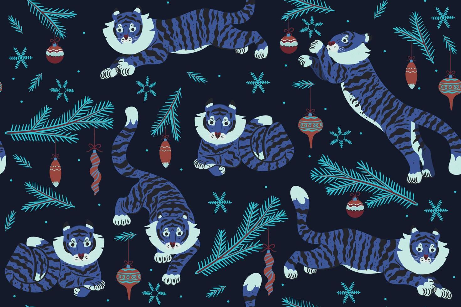 Christmas seamless pattern with tigers and Christmas decorations. Vector graphics.